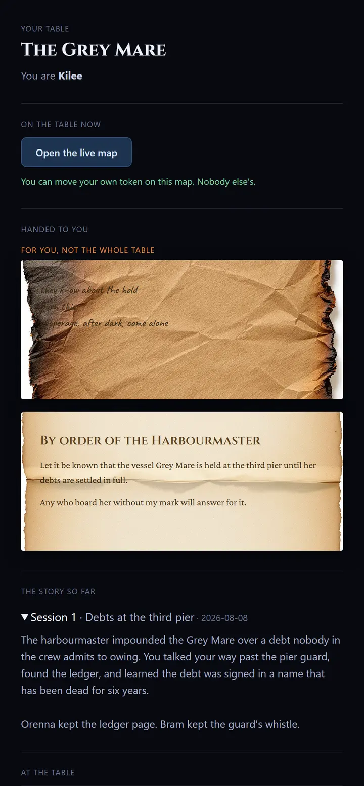 A player's own page on a phone: the campaign name, who they are, a button to open the live map, a torn scrap of paper marked as being for them and not the whole table, a sealed letter from the harbourmaster, and the published recap of the last session underneath